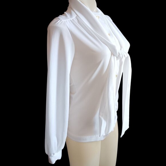 Vintage Women's Small Blouse Top 1970s White Secretary Tie Neck Stretch Granny - Picture 4 of 6